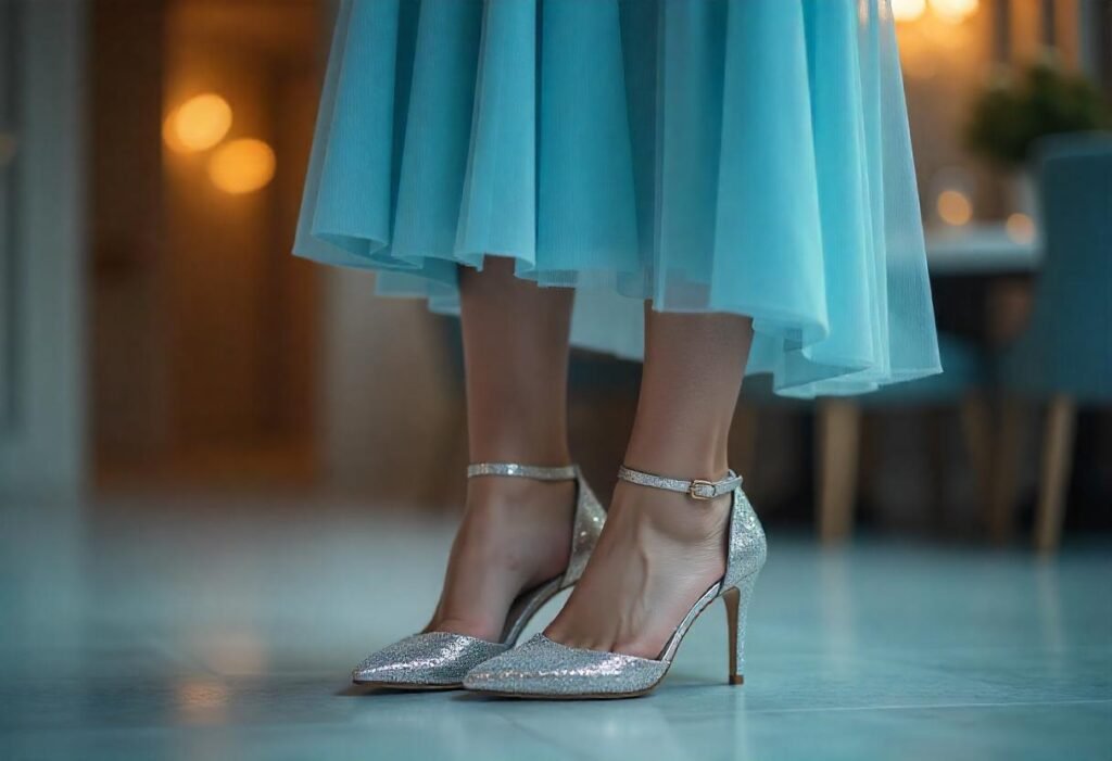 model wearing Pale Blue Dress with Silver Shoes