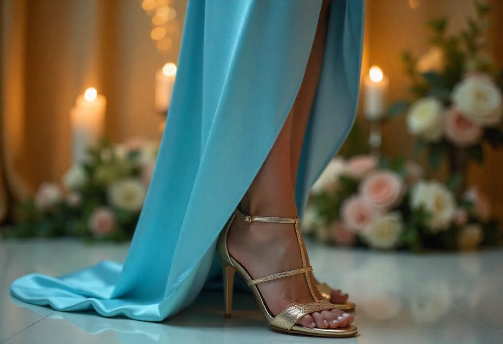 model wearing Pale Blue Dress with golden Shoes