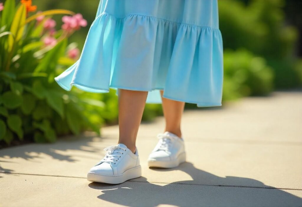 model wearing Pale Blue Dress with Ehite Sneakers Shoes