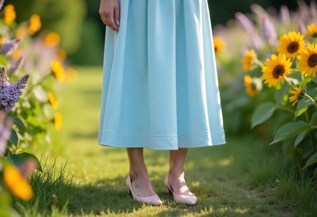 model wearing Pale Blue Dress with blush pink Shoes