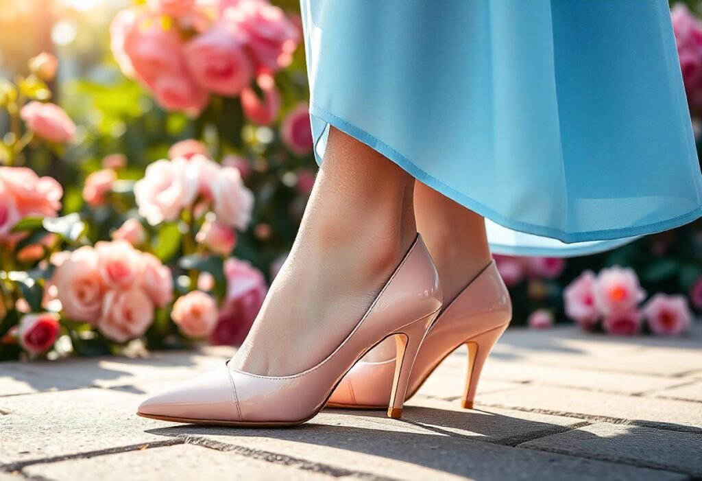 model wearing Pale Blue Dress with blush pink Shoes